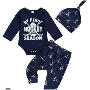 Baby First Hockey Season Long Sleeve Romper Pants Beanie Hat Set  6-12 mon. new